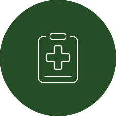 Icon mit einem Klemmbrett und einem Plus darauf als weiße Linien auf dunkelgrünem Grund