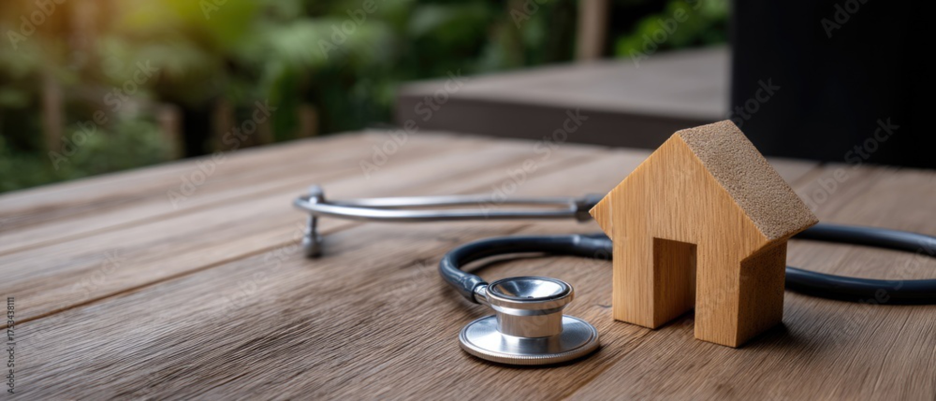 Ein Holztisch mit einem Stetoskop und einem kleinen Holzhäuschen